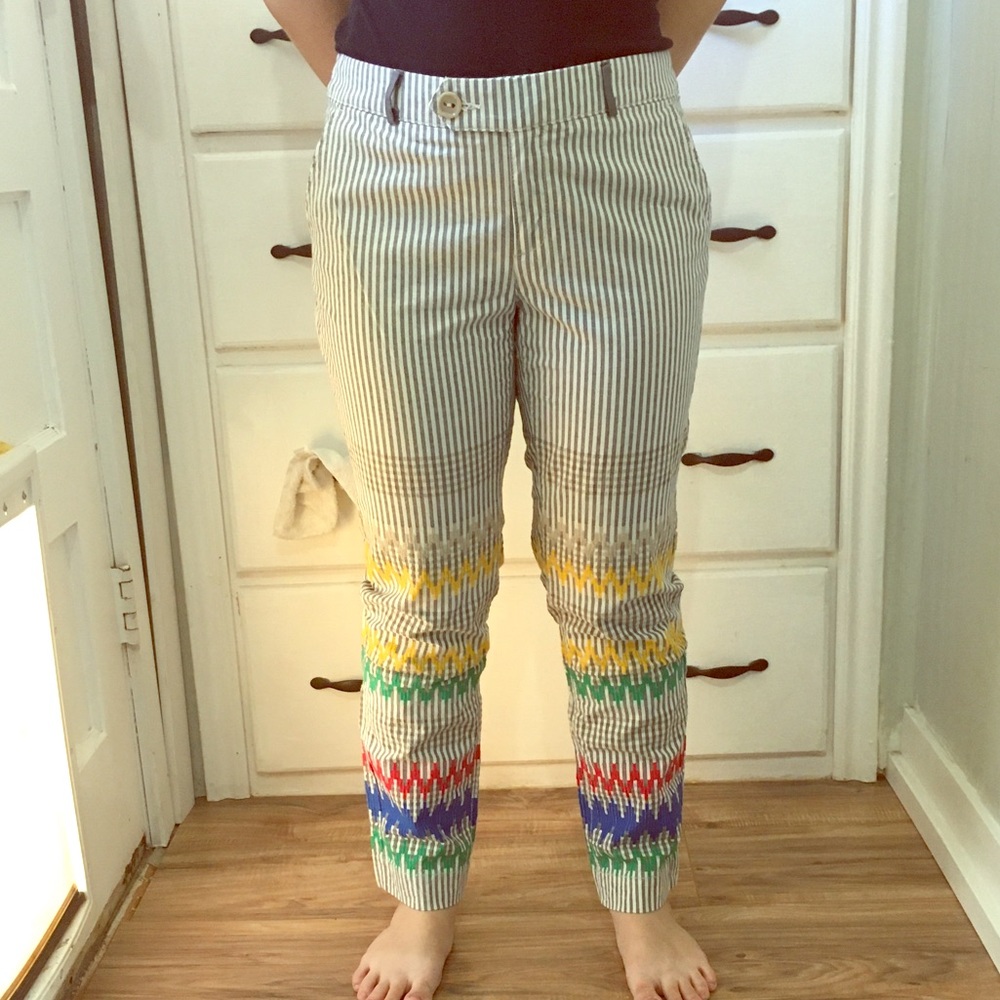 Anthropologie Pinstriped Embroidered Pants